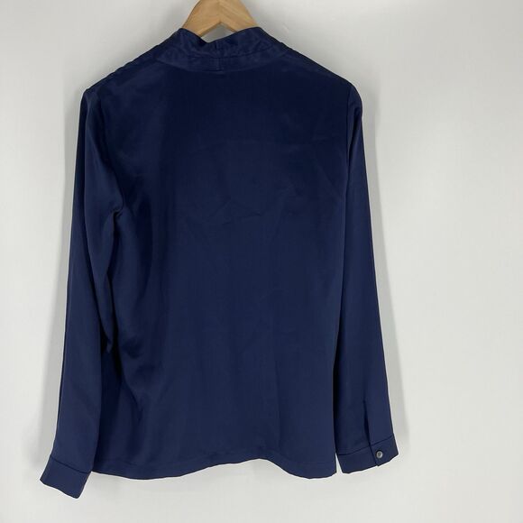 Lafayette 148 New York Top Size 6 Blue Silk Satin Blouse Button Up Career Pleat - Picture 4 of 7